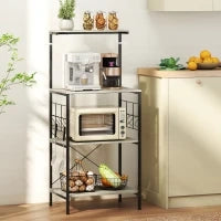 Scaffale Cucina a 4 Livelli con Pannelli a Rete e 8 Ganci Stile Industriale, 60x42x134.5 cm, Rovere