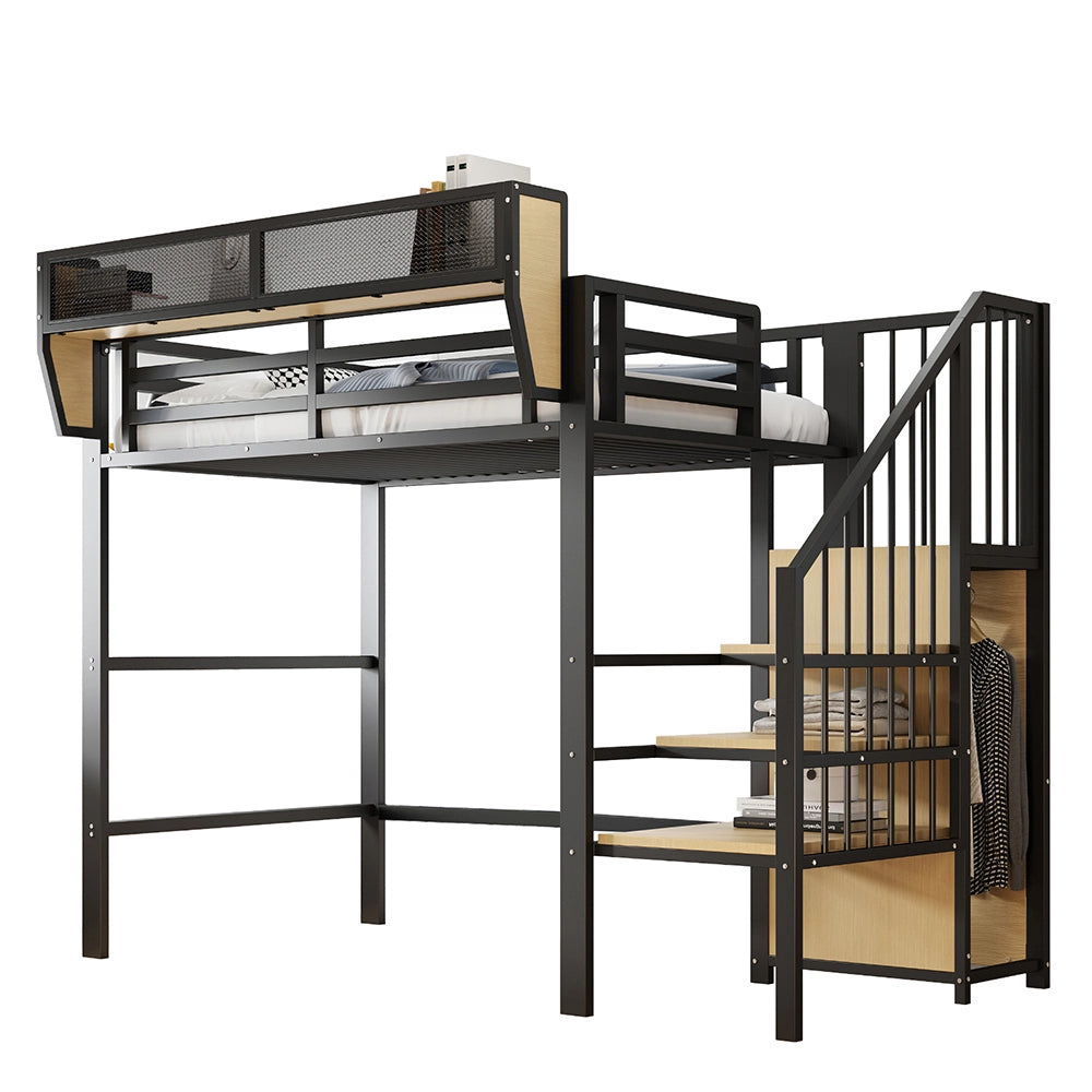 Letto a Castello 90x200 – Xylo – Metallo per Adulti/Bambini, Scala Sicurezza, Ripostiglio Flessibile, Nero