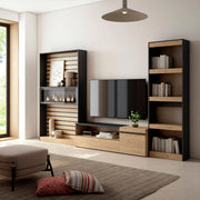 Mobile TV, Soggiorno, 320x35x186cm, Camino elettrico, colore Rovere e nero RF2597