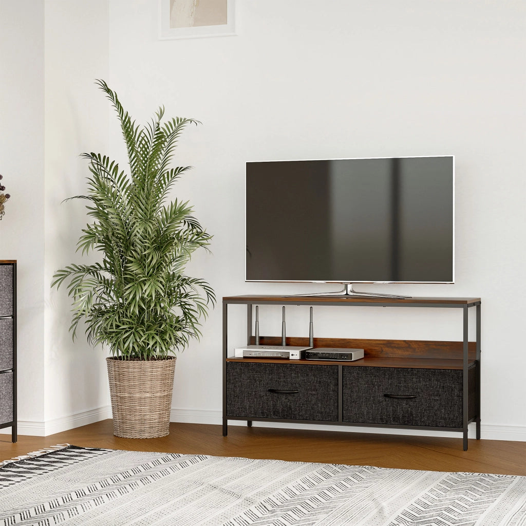 Mobile TV con Cassetti Pieghevoli in Tessuto e Mensola ¨C Zephmum ¨C Marrone Rustico 98x29x56 cm