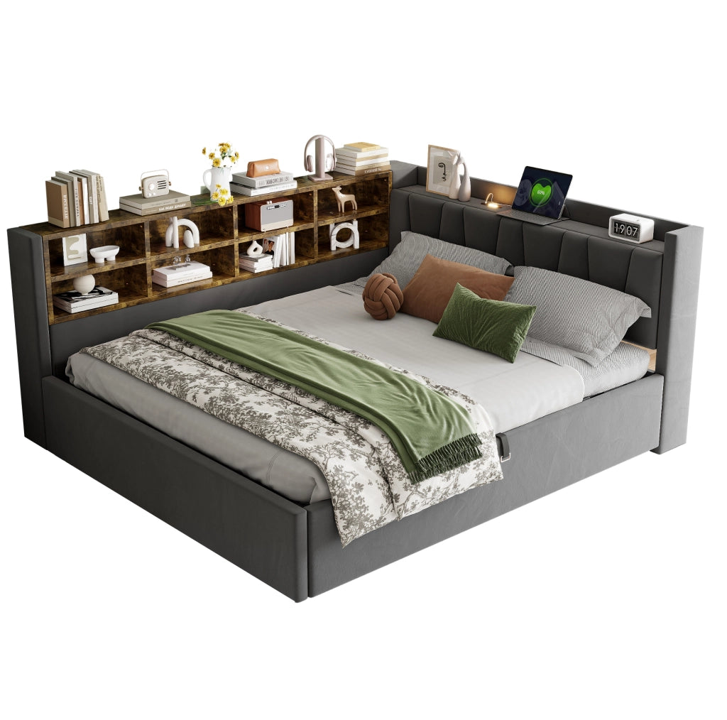 Letto imbottito 140x200 cm con vano idraulico e prese USB-C