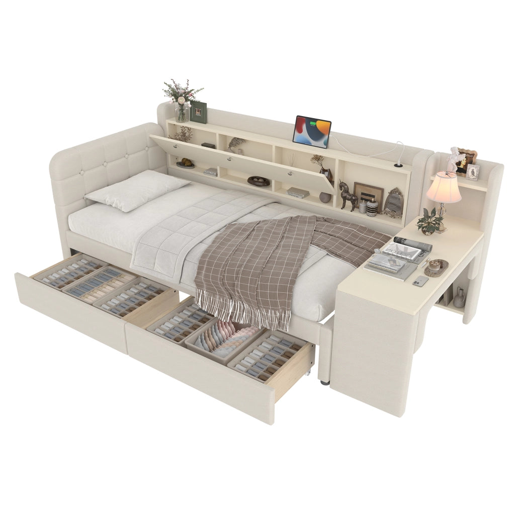 Letto a Divanetto 90x200 cm; 2 Cassetti; Scrivania; USB e Type-C; in Lino; Beige