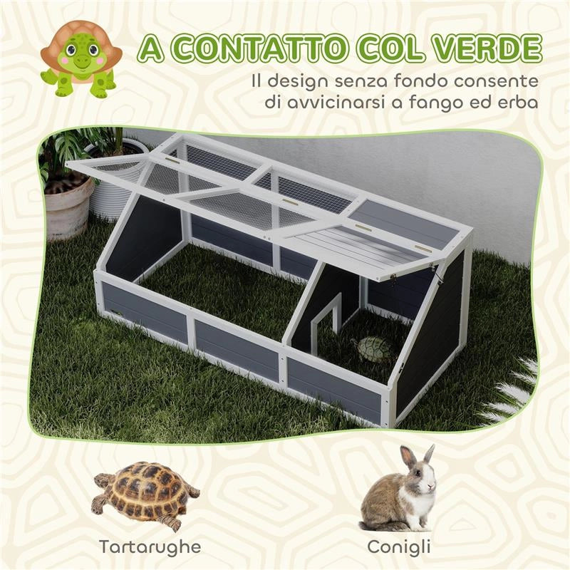 CASETTA PER TARTARUGHE DI TERRA SENZA FONDO IN LEGNO DI ABETE E ACCIAIO ZINCATO 120X55X50A CM GRIGIO E BIANCO