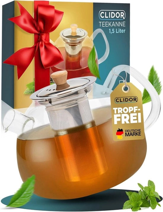 Teiera con setaccio, 1,5 litri, vetro resistente per maggiore isolamento, teiera con cacciavite da cucina, teiera in vetro, teiera termica, teiera robusta