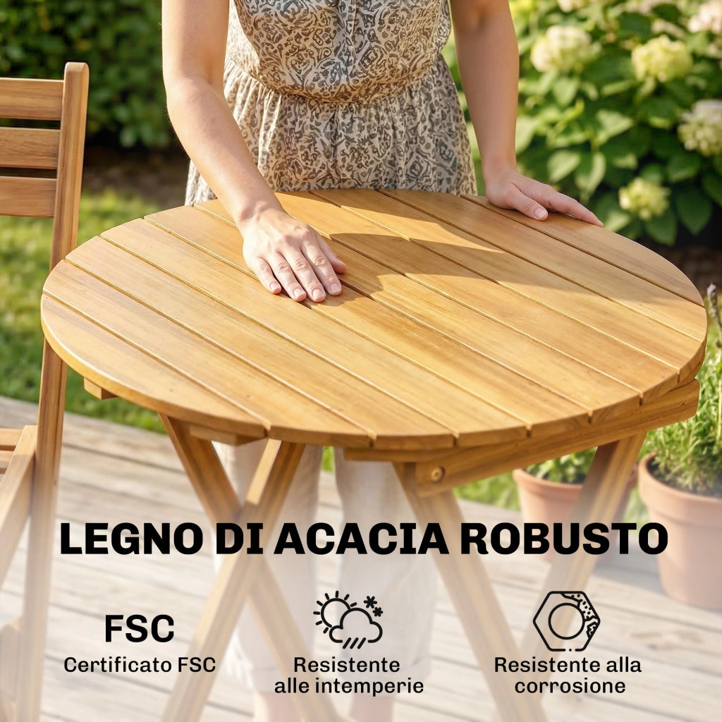 Set Bistr¨° Esterno: 2 sedie pieghevoli e tavolo rotondo, legno naturale.