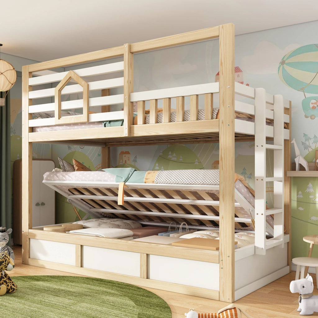 Letto a castello per bambini 90x200 cm in legno; stile casetta; bianco e rovere con scala dritta e contenitore