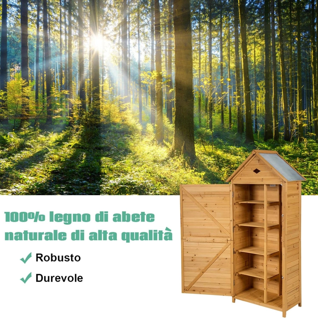 Armadio da Esterno in Legno, Casetta da Esterno con Ante, Ripiani Rimovibili, Serrature e Tetto Inclinato, Armadietto Versatile da Giardino, Balcone e Cortile (80 x 45 x 177 cm)