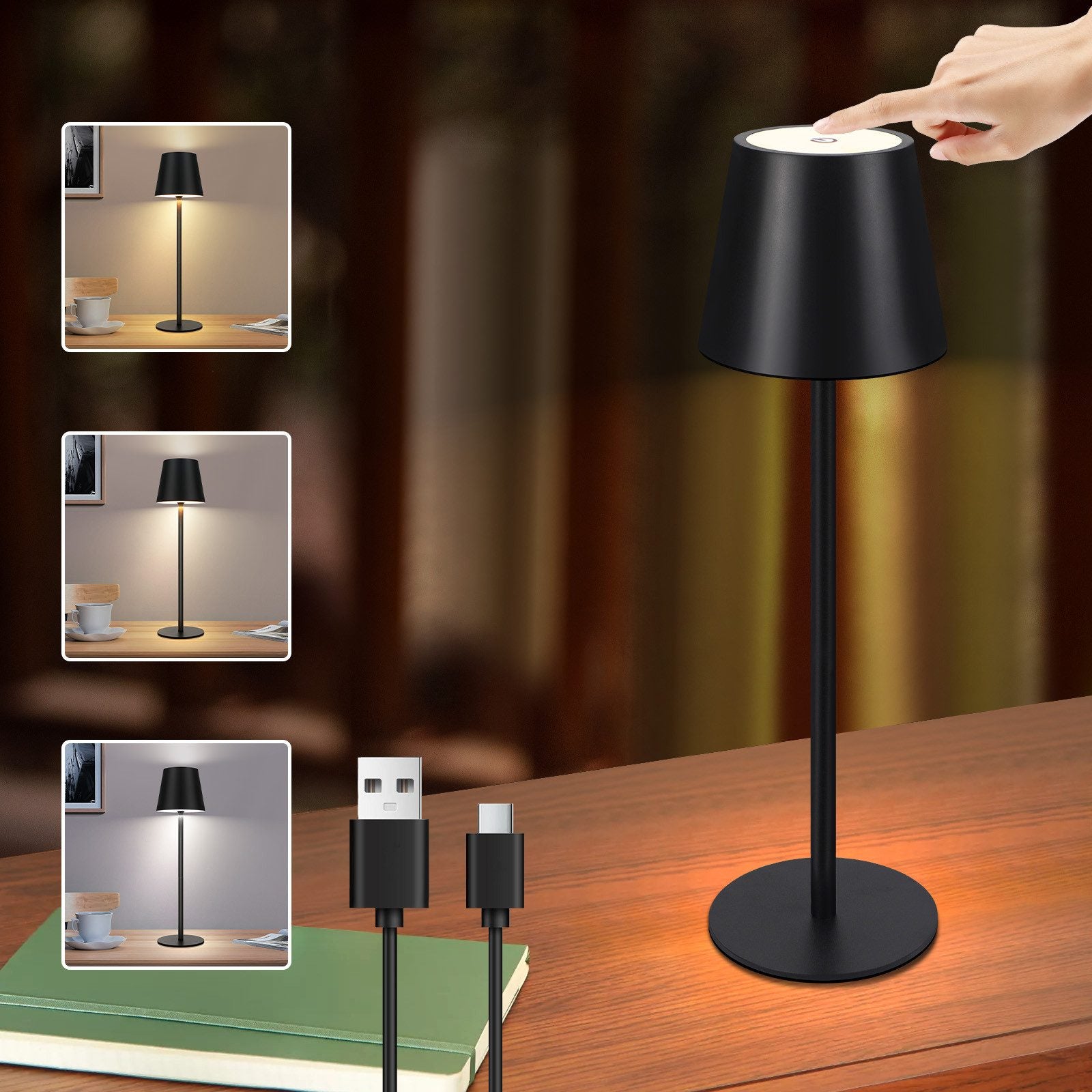 ZMH Lampada da tavolo LED wireless nera batteria 2600mAh touch ricaricabile USB per esterno camera letto