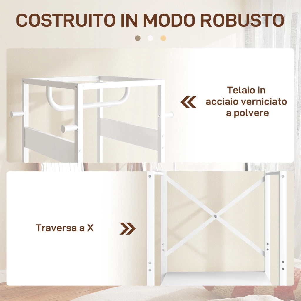 Appendiabiti da Terra con Asta e 2 Ripiani Aperti, in Legno e Acciaio, 38.5x30x170 cm, Bianco e color Legno