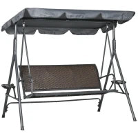 Dondolo da Giardino 3 Posti in Rattan PE e Acciaio con Tettuccio Regolabile e Portabicchieri, 204x112x150 cm