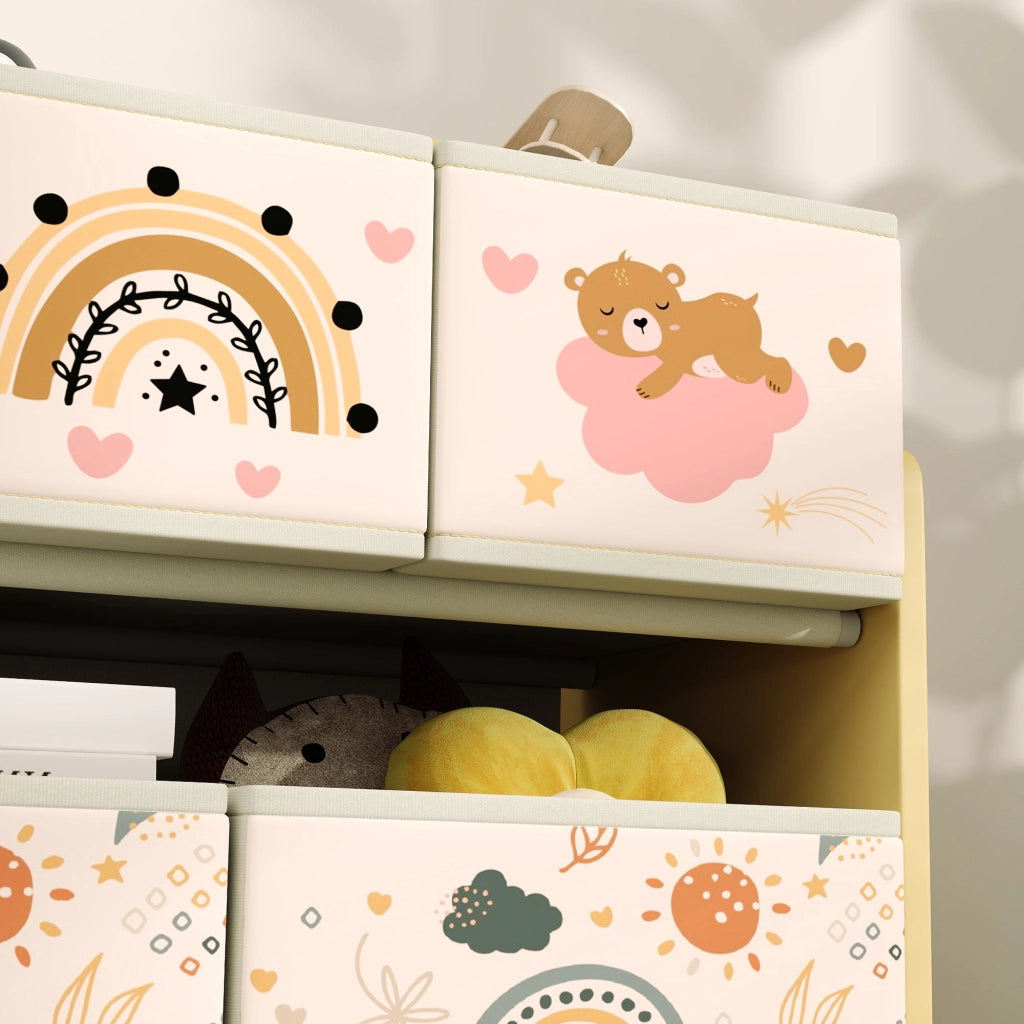 Mobile Portagiochi per Bambini a 3 Livelli 93x30x70 cm con 9 Contenitori in Tessuto Giallo