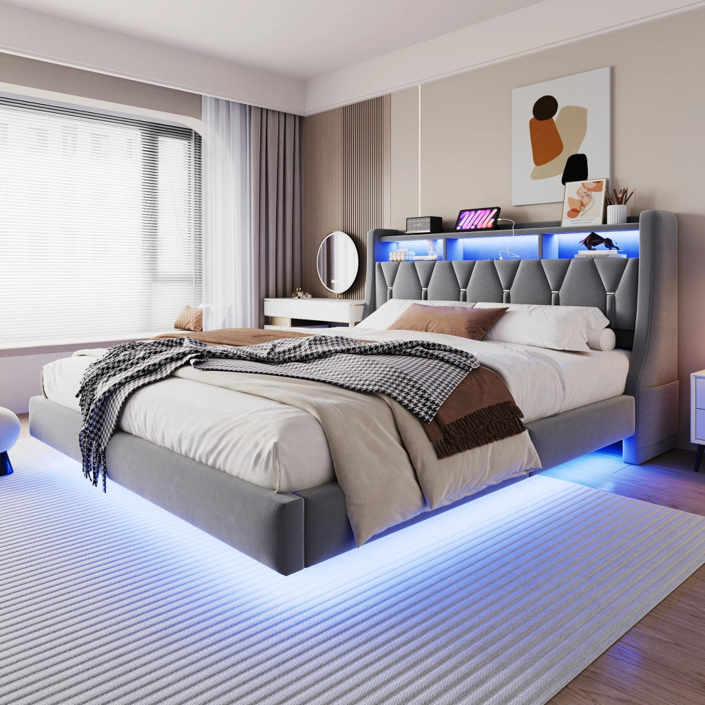 Letto imbottito matrimoniale 180×200 cm con testiera ribaltabile; USB; Type-C; LED e contenitore; senza materasso