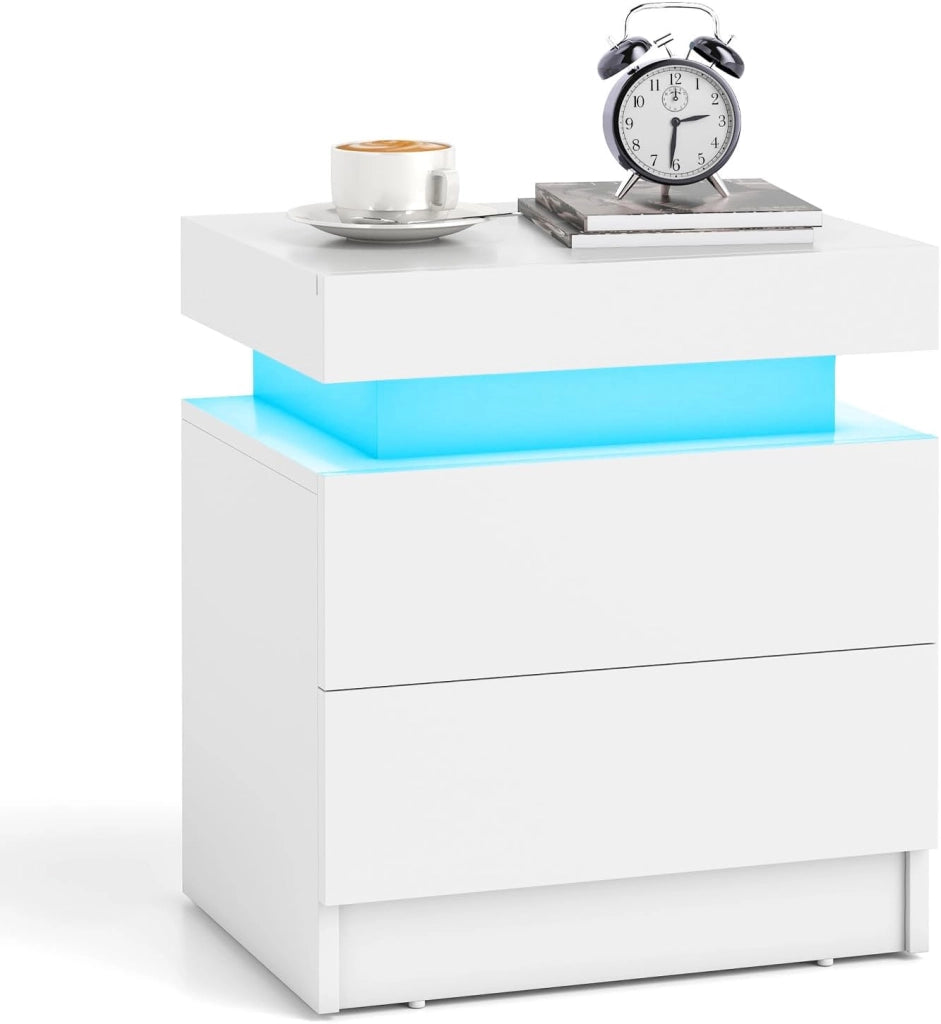 Tavolino da Salotto con 2 Cassetti e Luci a LED, Tavolino Moderno con Finitura Lucida Effetto Marmo, Comodino per Camera da Letto e Soggiorno, 45 x 35 x 52 cm (Grigio)
