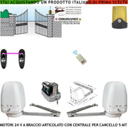Kit 2 Motori a Braccio Articolato 24 V Cancello Automatico 2 Ante da 0,5 a 2,5 MT Centrale 220/24 V Radiocomando Faro Fotocellule