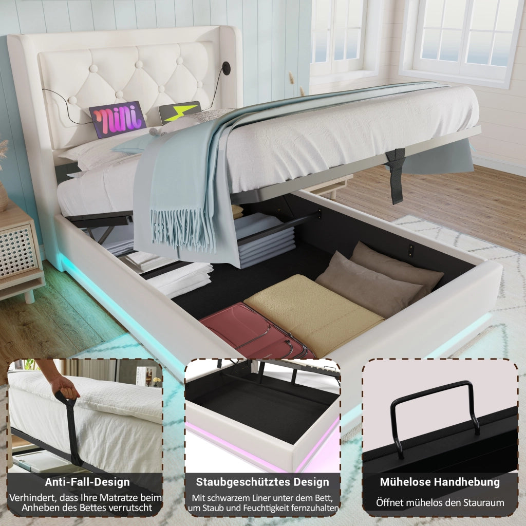 LETTO imbottito 90x200 cm in PU bianco con USB, Type-C e LED 3 lati