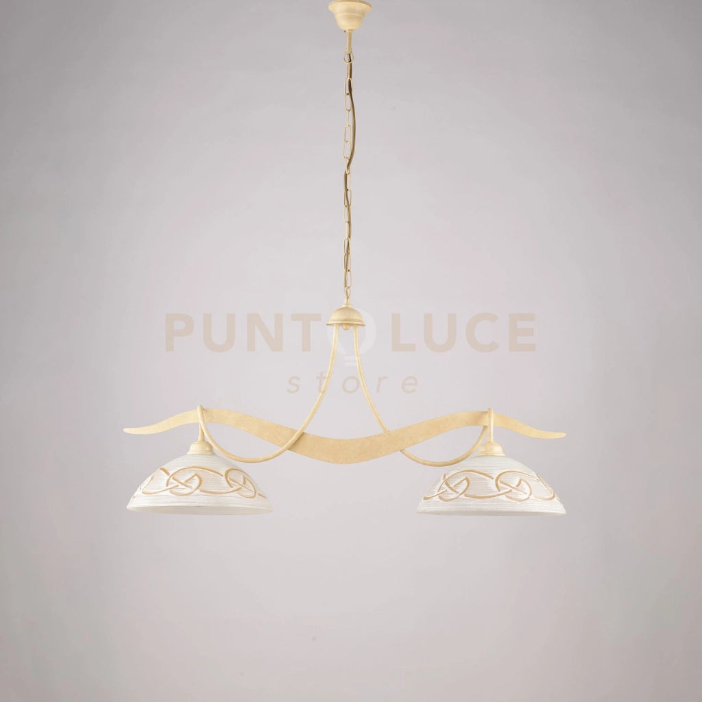Lampadario in ferro laccato avorio con decorazione effetto decapè e diffusori in vetro diametro 30 bianchi e ambra 2 luci