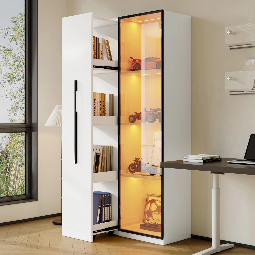 Libreria Vetrina con 1 Porta in Vetro; 1 Scaffale Estraibile; LED; per Soggiorno Sala da Pranzo; MDF; Bianco; 70 × 40 × 160 cm