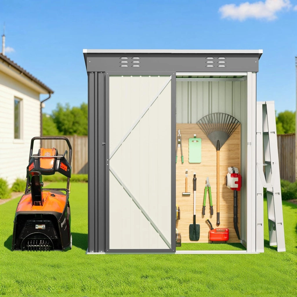 Casetta per attrezzi in metallo,Capanno per Attrezzi da Giardino in Metallo con Ripiani Regolabili, Tetto Inclinato, Prese d'Aria,per Prato, Patio e Cortile161x94x182CM,Grigio