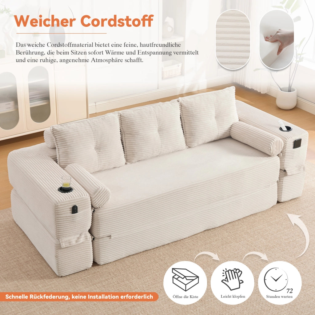 Divano letto modulare in corda con tasche laterali, portabicchieri e cuscini memory per soggiorno, beige