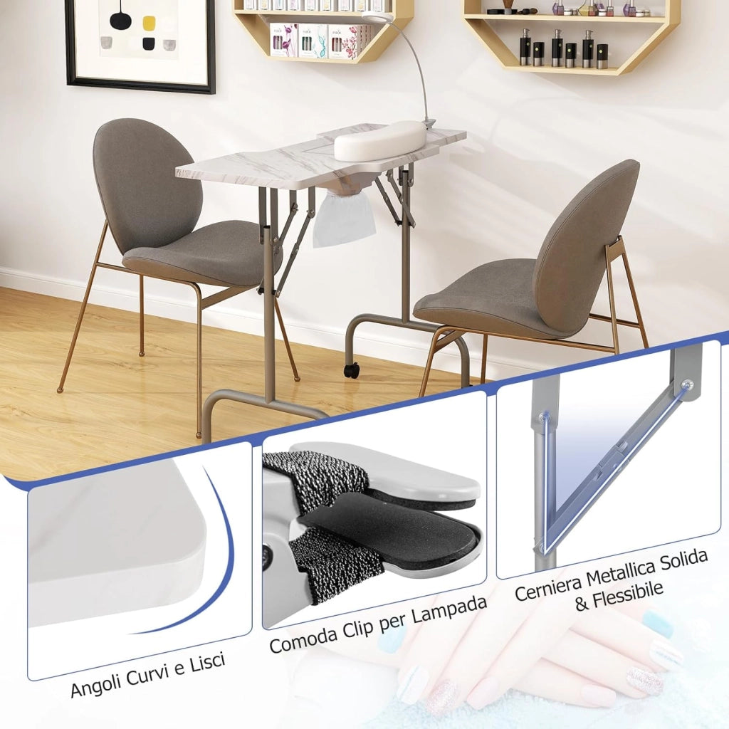 COSTWAY Tavolo per Manicure Pieghevole con Aspiratore Elettrico, Tavolo per Unghie Portatile con Luce LED, Cuscino Poggia Polso Clienti, Borsa e 4 Ruote Bloccabili (Bianco)