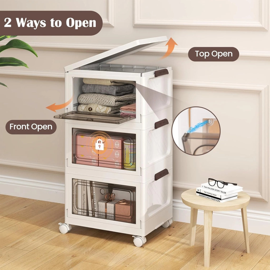 Contenitore impilabile a 3 livelli, scatole in plastica con coperchi e porte, 4 ruote, design pieghevole, organizer per soggiorno, camera da letto (41 x 31,5 x 72,5 cm)