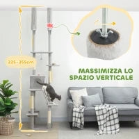 Albero Tiragraffi a Soffitto con Altezza Regolabile 225-255 cm con Casetta e Amaca, Grigio Chiaro