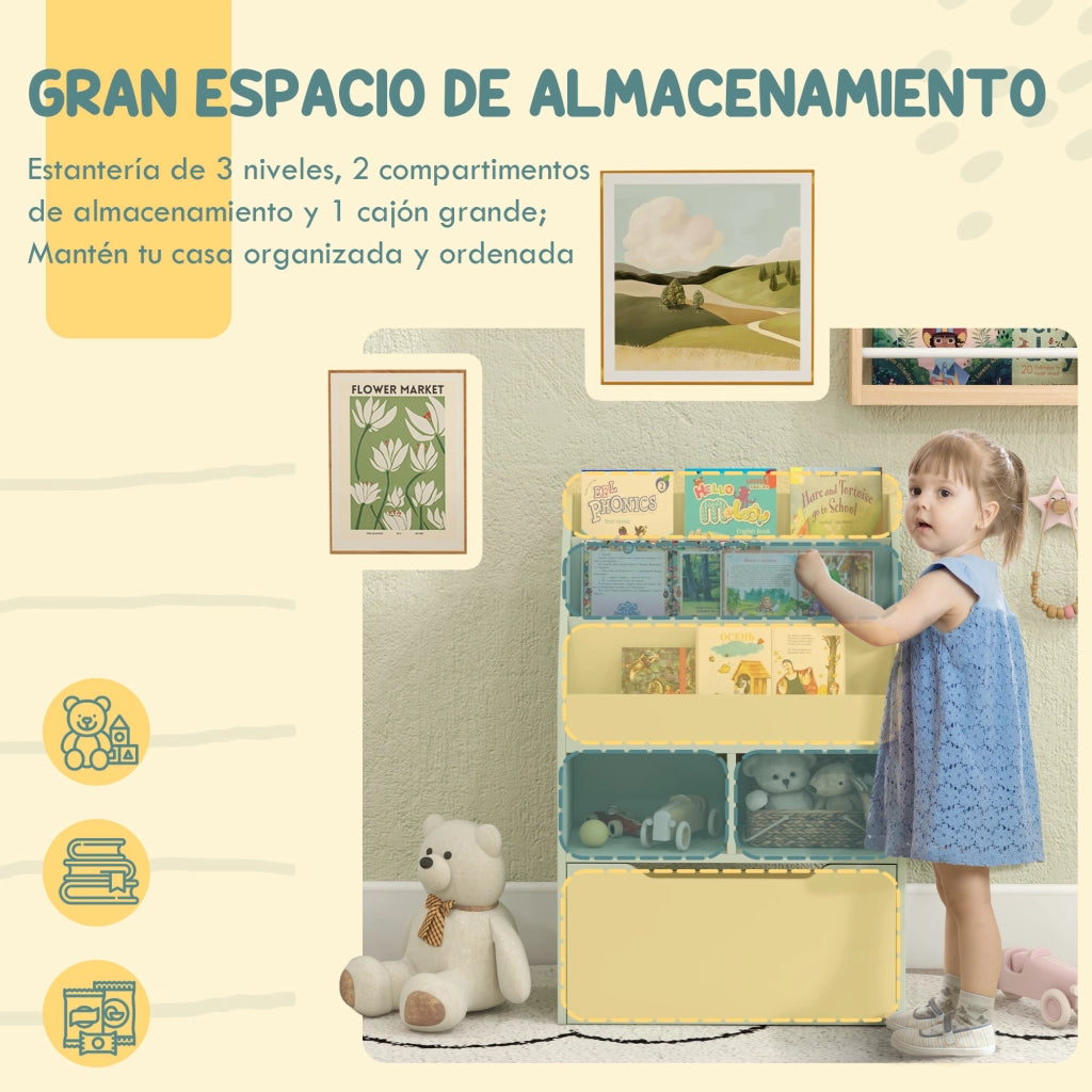 Libreria Bambini con 3 Compartimenti 2 Cubi e Cassetto con Ruote ¨C Zephmum ¨C Verde 60x29.9x90 cm