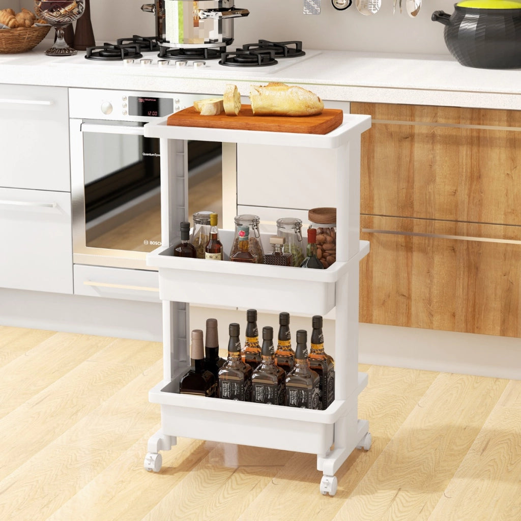 Carrello a 3 piani con piano d'appoggio, Carrello portaoggetti con ruote bloccabili per cucina bagno ufficio Bianco-Carrelli