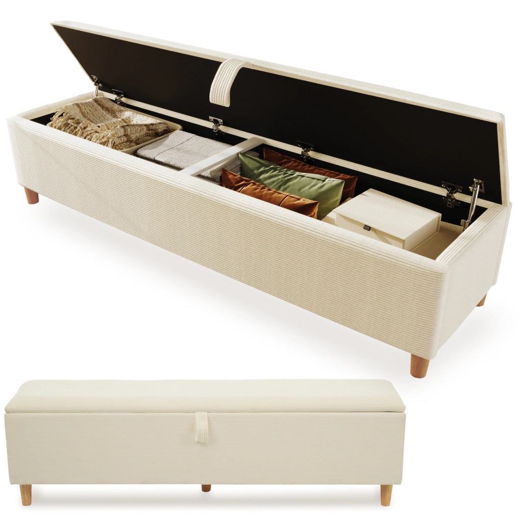 Panca contenitore 175x38x46 cm con spazio di stivaggio idraulico in corduroy e legno beige