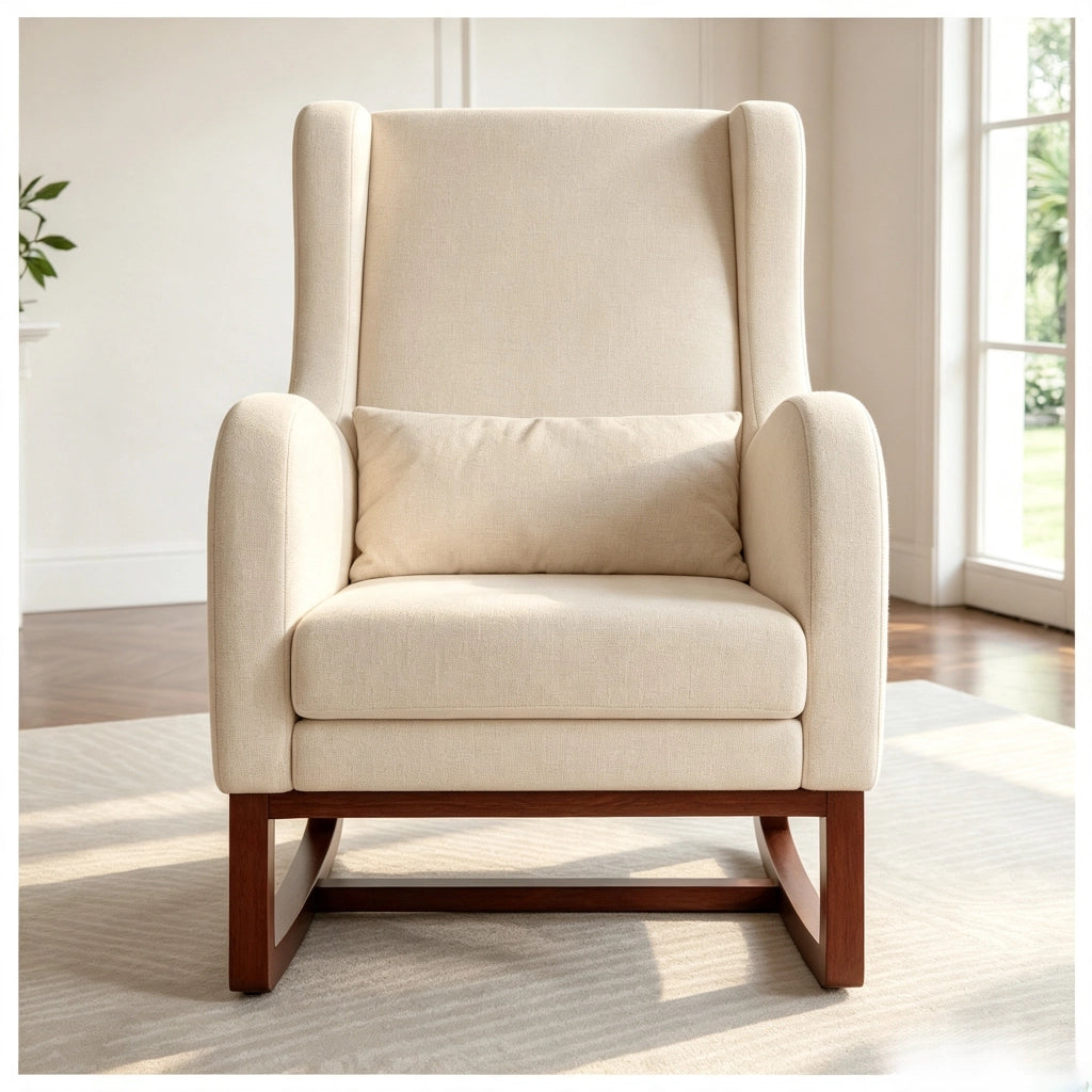 Poltrona relax a dondolo 67x64x99 cm con poggiapiedi; sedia a dondolo da interno per allattamento struttura in legno e velluto opaco; beige