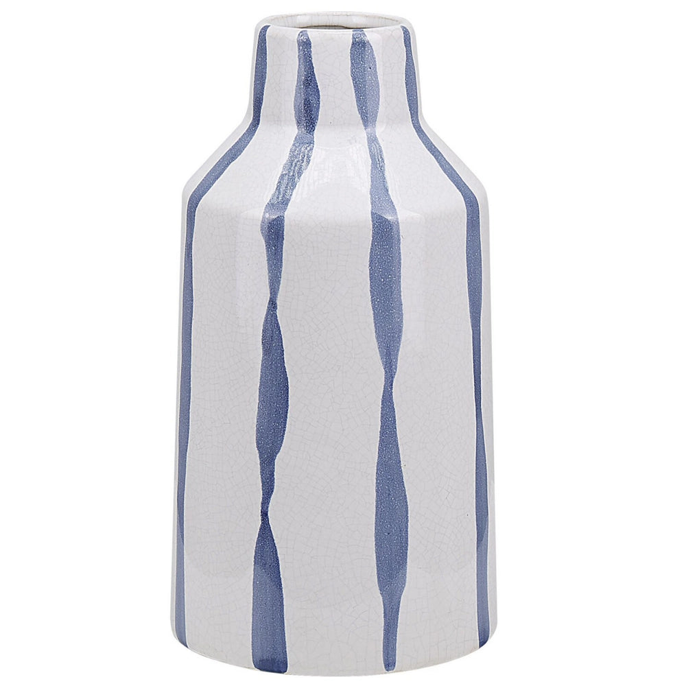 Vaso per fiori decorativo in gres porcellanato effetto craquelé bianco con strisce blu