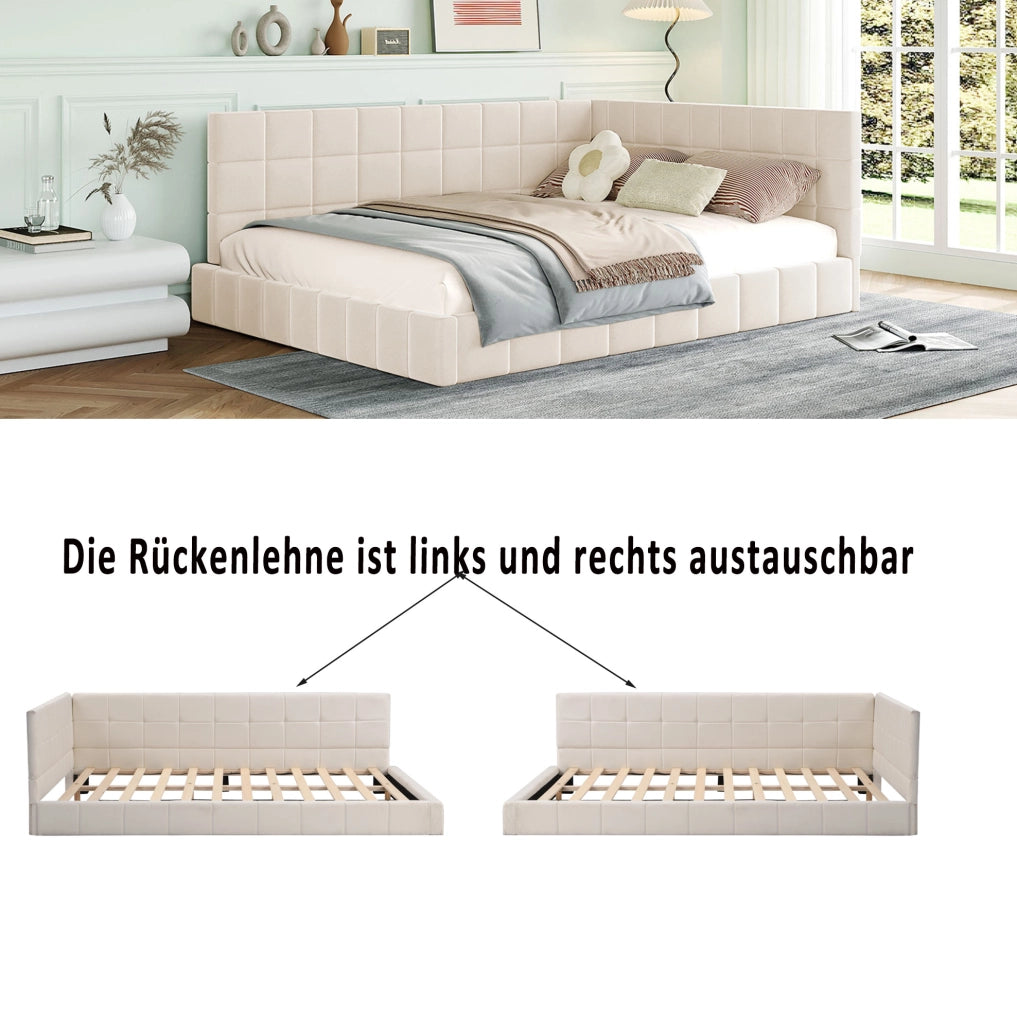 Letto a giorno matrimoniale 140x200 cm in tessuto con rete a doghe; beige
