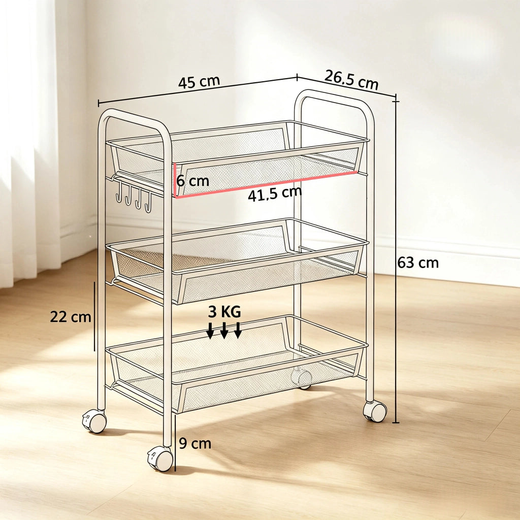 CARRELLO PORTAOGGETTI A 3 RIPIANI 45 x 26,5 x 63 cm IN ACCIAIO BIANCO