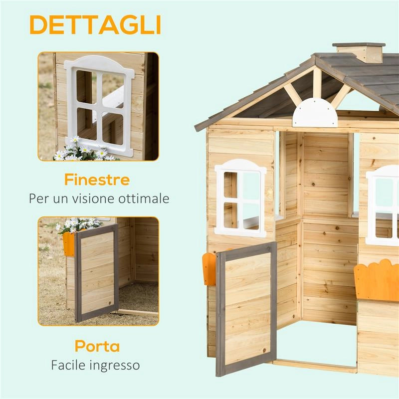 CASETTA BIMBI 3-7 ANNI A 2 FINESTRE CON PORTAVASI E PANCHINA, IN LEGNO DI ABETE E PP, 113LX94X134.5 CM