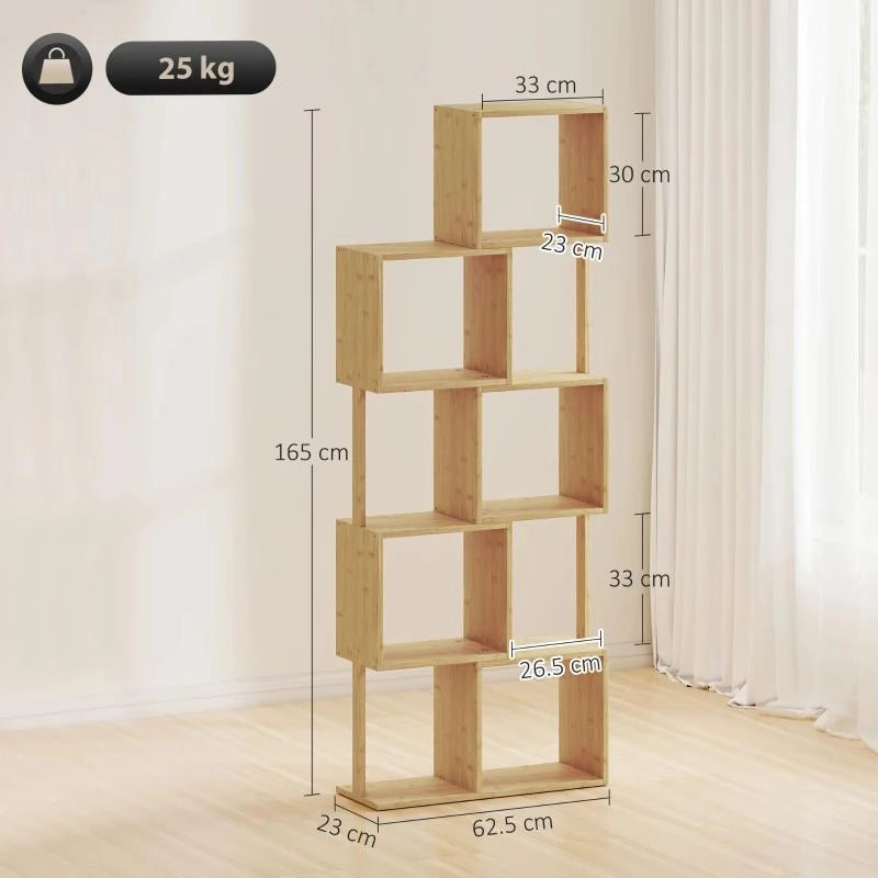 LIBRERIA MODERNA ASIMMETRICA A 5 LIVELLI IN BAMB¨, 62.5 X 23 X 165 CM, COLORE LEGNO NATURALE