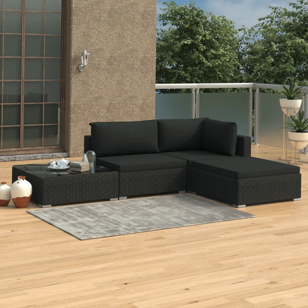 Set Divani da Giardino 4 pz con Cuscini in Polyrattan Nero cod mxl 35159