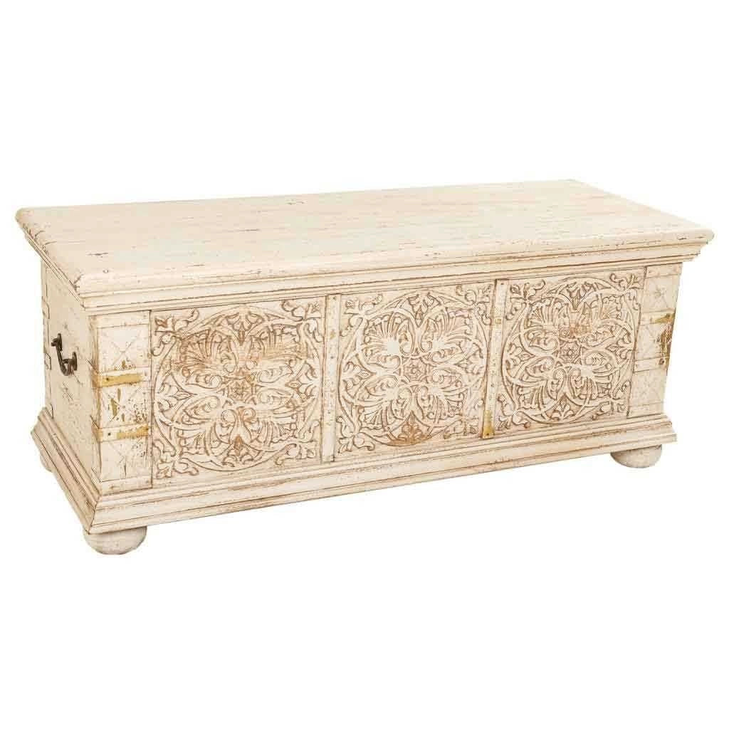 Cassapanca legno intagliato beige 103x40x43h cm