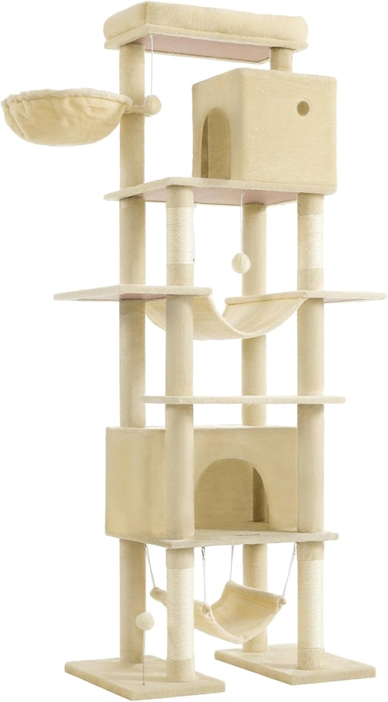 Feandrea Albero per Gatti Grande, Tiragraffi Multilivello XXL, Alto 201 cm, con una Piattaforma, un'Amaca, 2 Casette per Gatti, 2 Amache, Kit Antiribaltamento, Grigio Chiaro PCT195G01V1