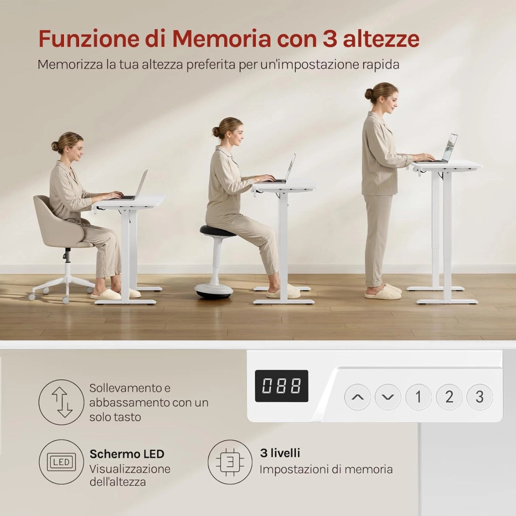 Scrivania Elettrica Regolabile in Altezza 72-118 cm, con 3 Memorie e 2 Ganci – Bianco, Silenziosa, Capacità di Carico 80 kg – per Ufficio, Casa, Gaming e Studio, 100x48 cm