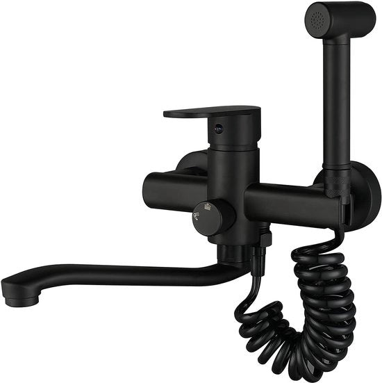 Cranio da cucina da parete in nero, con pistola spruzzo, maniglia da parete girevole 360° fuoriuscita, installazione facile da parete da cucina (25CM)