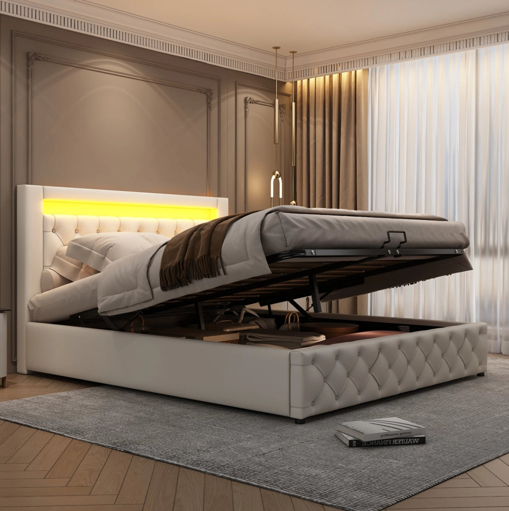 Letto imbottito 160x200 cm in PU bianco con LED; rete a doghe e contenitore