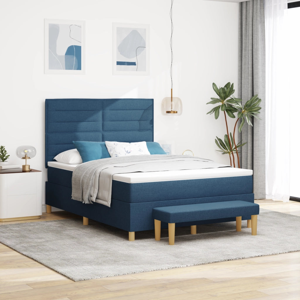 Letto Box Spring con Materasso e Panchina Blu 140x200 cm Tessuto