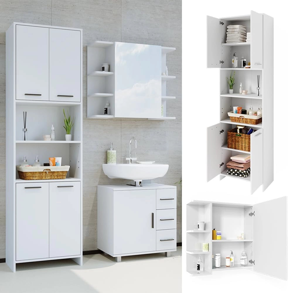Set di mobili da bagno Maris, Bianco, 2 pezzi, con colonna e mobile a specchio per bagno, composto da armadio alto e armadietto a specchio