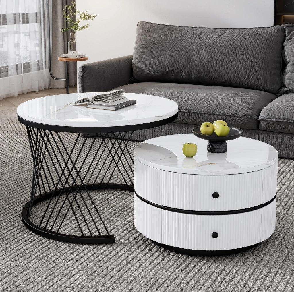 Set di tavolini da caffè rotondi 2 pezzi bianco; effetto marmo lucido; 60x60x46 cm e 50x50x31 cm
