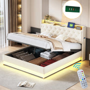 LETTO Imbottito 160x200 cm Beige con LED, USB e contenitore idraulico
