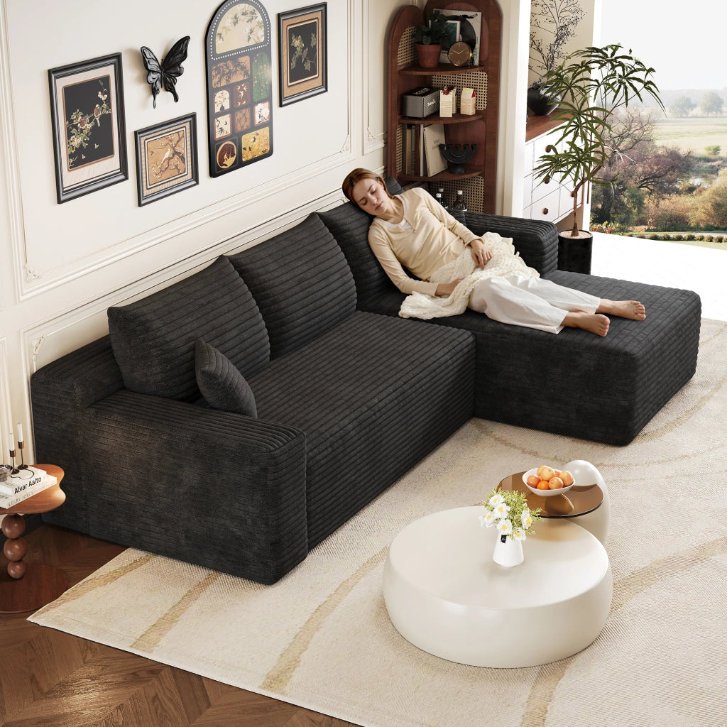 Divano angolare in tessuto a coste con seduta profonda e montaggio rapido per soggiorno nero 241 × 151 × 58 cm
