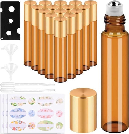 10 ml 15 pezzi flaconi di olii essenziali in vetro con rotolatore in acciaio inossidabile e siringa - flaconi rotolatori vuoti con pipetta e rotolatore in acciaio inossidabile - per profumi, cosmetici, aromaterapia, massaggi - oro