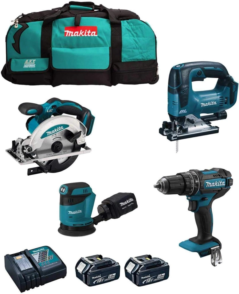 MAKITA Kit MK404 (Trapano a Percussione DHP482 + Sega Circolare DSS610 + Seghetto Alternativo DJV182 + Levigatrice Orbitale DBO180 + 2 Batterie 5,0 Ah + Caricabatterie + LXT600)