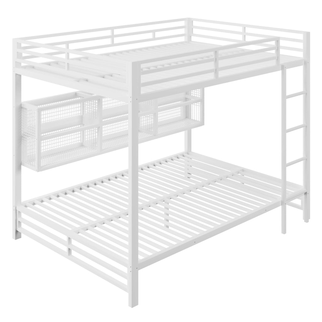 Letto a castello 140 × 200 cm con 6 armadietti, LED regolabile e ripiano, senza materasso, in metallo, bianco