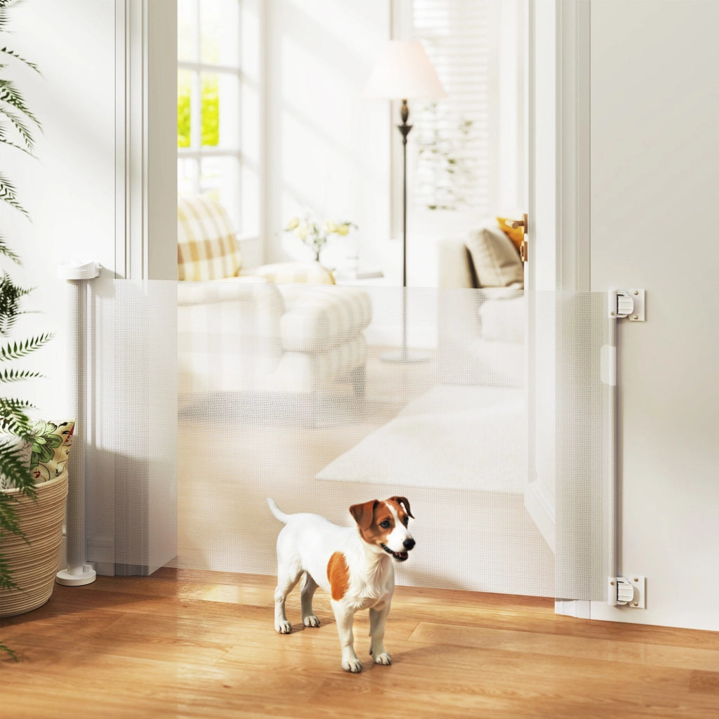 Barriera di sicurezza per cani retrattile con chiusura ¨C zephmum ¨C 142x10x87 cm bianco